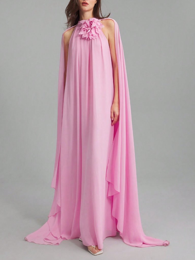 Pink Party Women's 3d Floral Design Chiffon Drapey Maxi Dress
